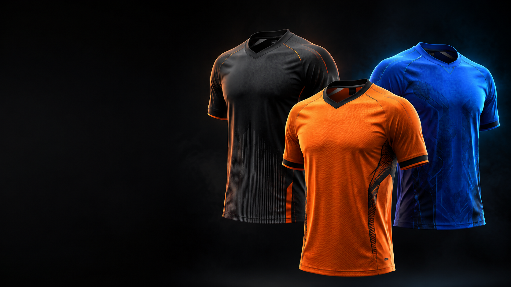 Tiga jersey premium GOPRAK berwarna hitam, oranye, dan biru